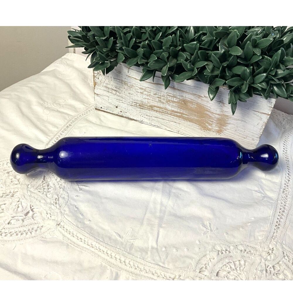 Antique Hand Blown Cobalt Blue Glass Rolling Pin Primitive Kitchen Decor Nailsea